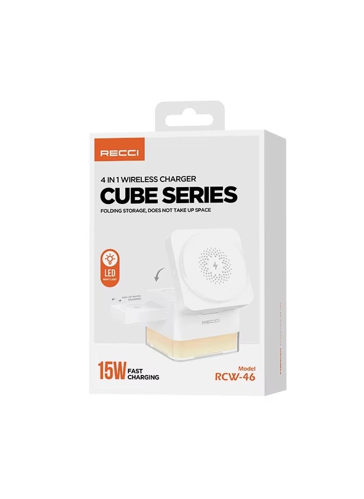 Recci - 4-in-1 Portable Wireless Charging Cube – 15W Fast Magnetic Charger for iPhone, AirPods, Apple Watch & More | Multi-Device ABS+PC Charger with 5V/3A, 9V/3A Input & 15W/10W/7.5W/5W Output - Image 1