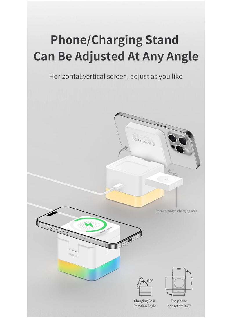 Recci - 4-in-1 Portable Wireless Charging Cube – 15W Fast Magnetic Charger for iPhone, AirPods, Apple Watch & More | Multi-Device ABS+PC Charger with 5V/3A, 9V/3A Input & 15W/10W/7.5W/5W Output - Image 1