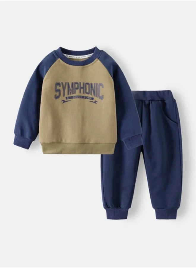 يونيكي Brown Crew Neck Long Sleeve Printed Pullover With Track Pant