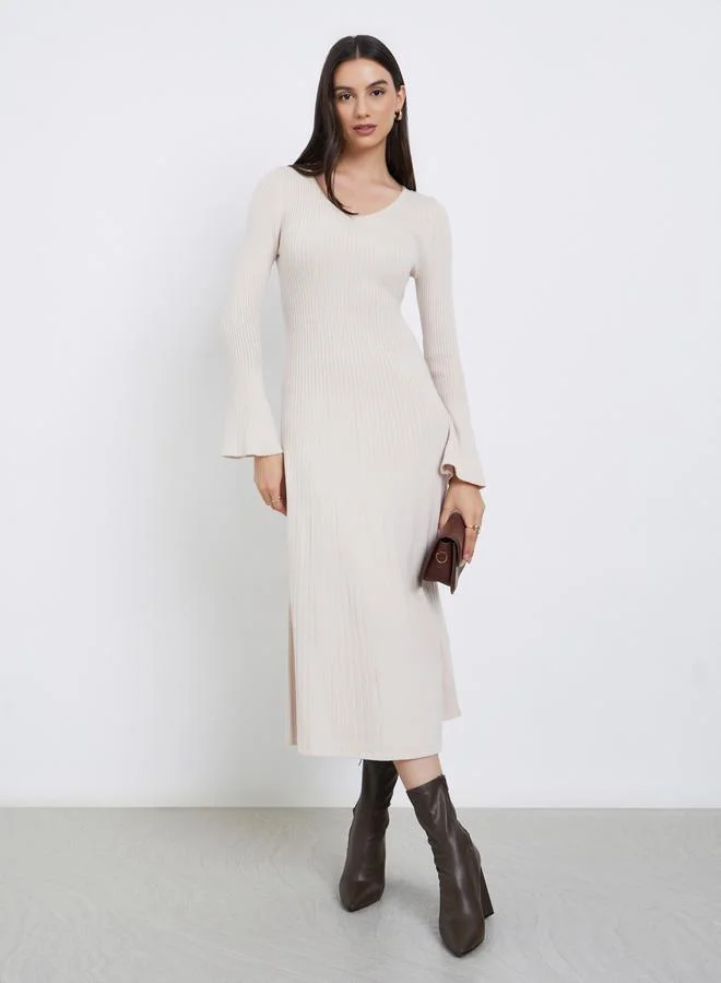 Take Two Take Two Beige Ribbed Knit Sweater Midi Dress