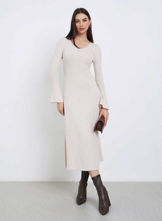 Take Two Beige Ribbed Knit Sweater Midi Dress - Image 2