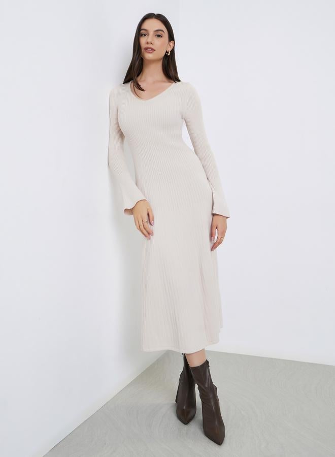 Take Two Beige Ribbed Knit Sweater Midi Dress - Image 3
