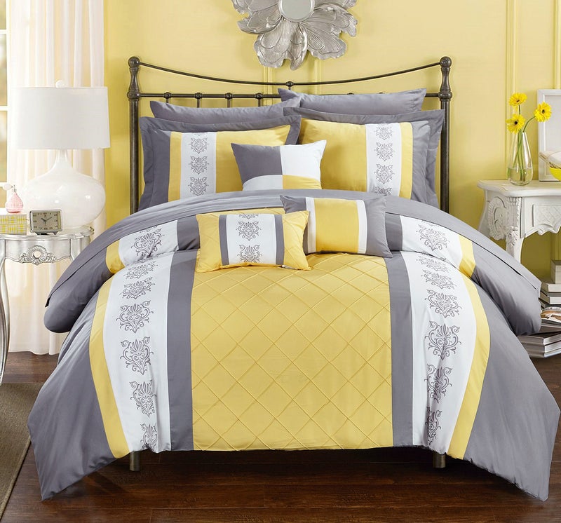 Chic Home Clayton 10 Piece Comforter Set Pintuck Pieced Block Embroidery Bed in a Bag with Sheet Set Queen Grey Yellow