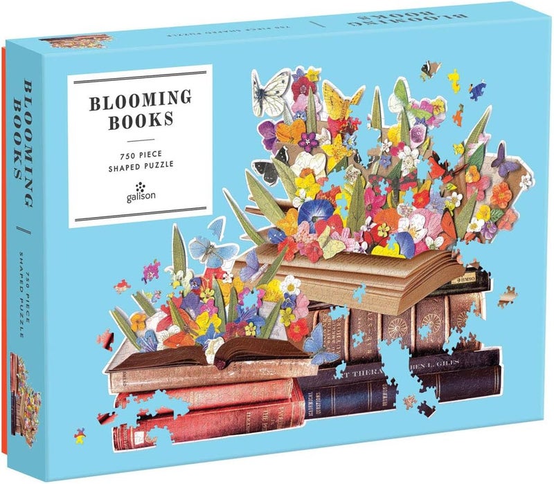 Galison Blooming Books Shaped Jigsaw Puzzle, 750 Pieces, 28.3” x 21'' – Flowers, Butterflies and Books – Die-Cut – Thick, Sturdy Pieces – Challenging and Fun – Fun Indoor Activity