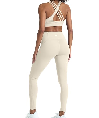 PopSugar 2 Piece Latte Workout Sets for women High Waist Leggings and Sports Bra Yoga Set Matching Gym Pilates Running Work Out Outfit Medium - Image 1