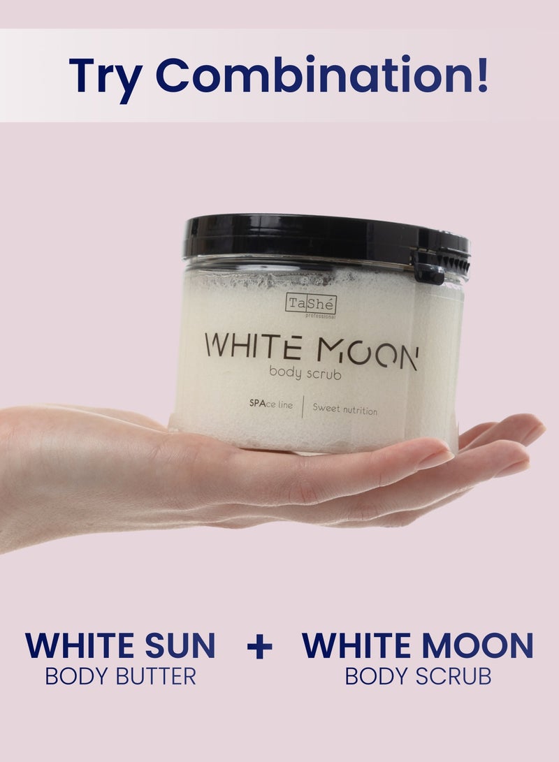 تاش مقشر جسم فلاريو "WHITE MOON". يغذي البشرة بعمق، ويمنحها النعومة والليونة والملمس الحريري، يحفّز الدورة الدموية وعملية تجديد البشرة، 300 مل. - Image 4