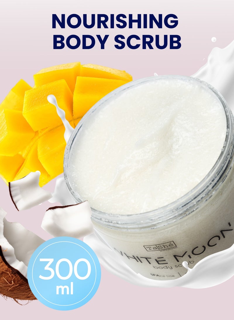 تاش مقشر جسم فلاريو "WHITE MOON". يغذي البشرة بعمق، ويمنحها النعومة والليونة والملمس الحريري، يحفّز الدورة الدموية وعملية تجديد البشرة، 300 مل. - Image 1