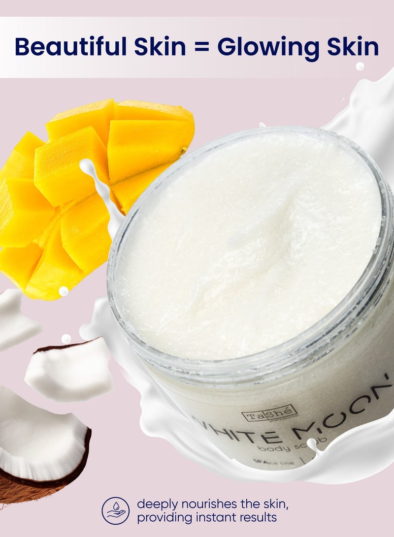 تاش مقشر جسم فلاريو "WHITE MOON". يغذي البشرة بعمق، ويمنحها النعومة والليونة والملمس الحريري، يحفّز الدورة الدموية وعملية تجديد البشرة، 300 مل. - Image 3