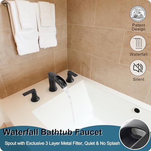 HOIGY Solid Brass Waterfall Bathtub Faucets Set, 3 Hole Matte Black Tub Faucet 2 Handle, High Flow Roman Tub Faucets Widespread 6-16 Inch Deck Mount - Image 2