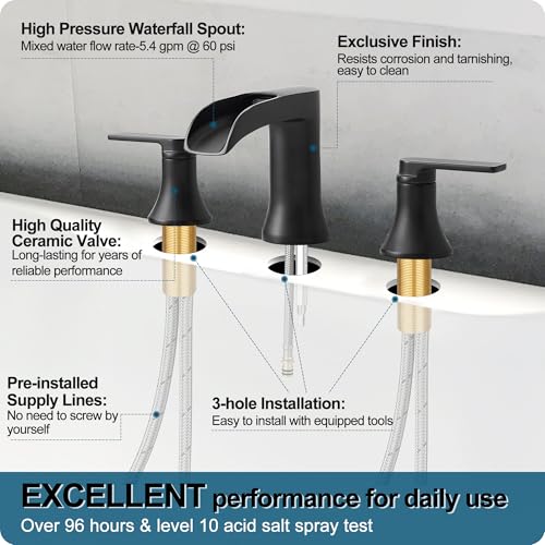 HOIGY Solid Brass Waterfall Bathtub Faucets Set, 3 Hole Matte Black Tub Faucet 2 Handle, High Flow Roman Tub Faucets Widespread 6-16 Inch Deck Mount - Image 5