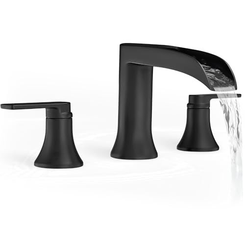 HOIGY Solid Brass Waterfall Bathtub Faucets Set, 3 Hole Matte Black Tub Faucet 2 Handle, High Flow Roman Tub Faucets Widespread 6-16 Inch Deck Mount - Image 1