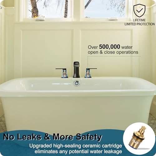 HOIGY Solid Brass Waterfall Bathtub Faucets Set, 3 Hole Matte Black Tub Faucet 2 Handle, High Flow Roman Tub Faucets Widespread 6-16 Inch Deck Mount - Image 4