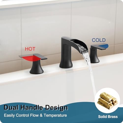 HOIGY Solid Brass Waterfall Bathtub Faucets Set, 3 Hole Matte Black Tub Faucet 2 Handle, High Flow Roman Tub Faucets Widespread 6-16 Inch Deck Mount - Image 3