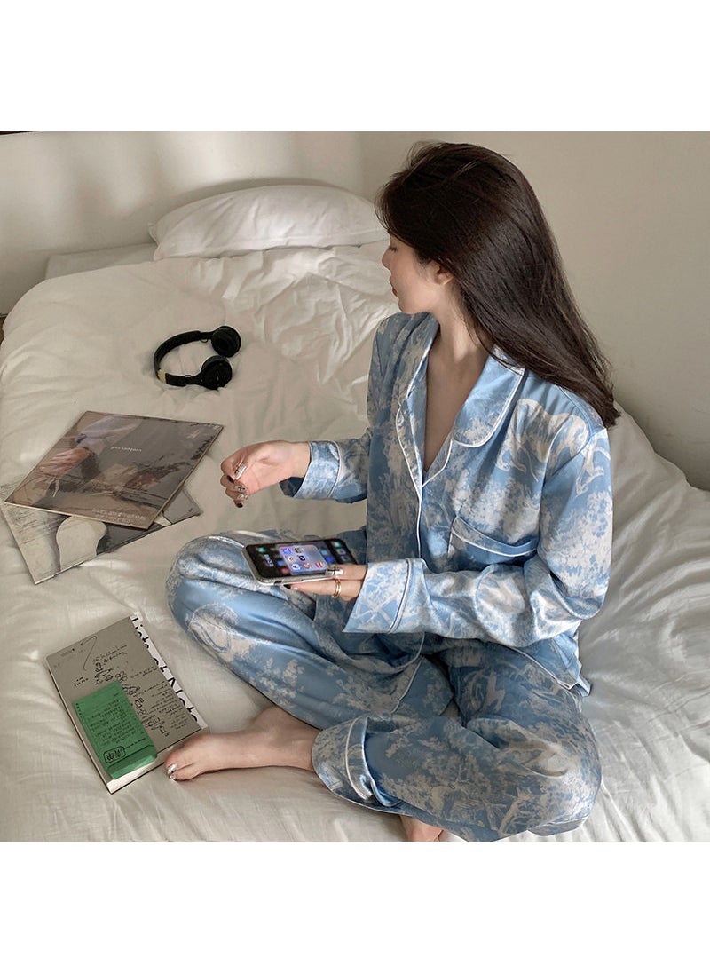 Generic - Elegant French Ice Silk Pajamas Set for Women Spring Autumn 2023 Long Sleeve Blue Animal Blue - Image 1