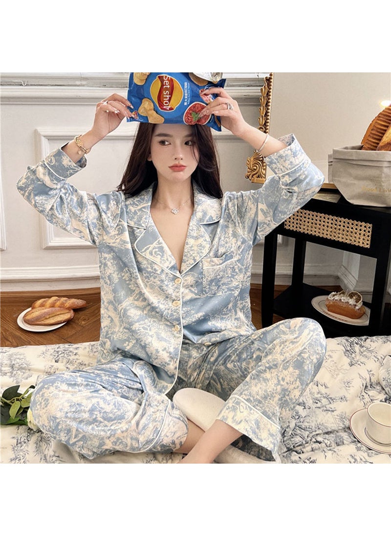 Generic - Elegant French Ice Silk Pajamas Set for Women Spring Autumn 2023 Long Sleeve Blue Animal Blue - Image 1