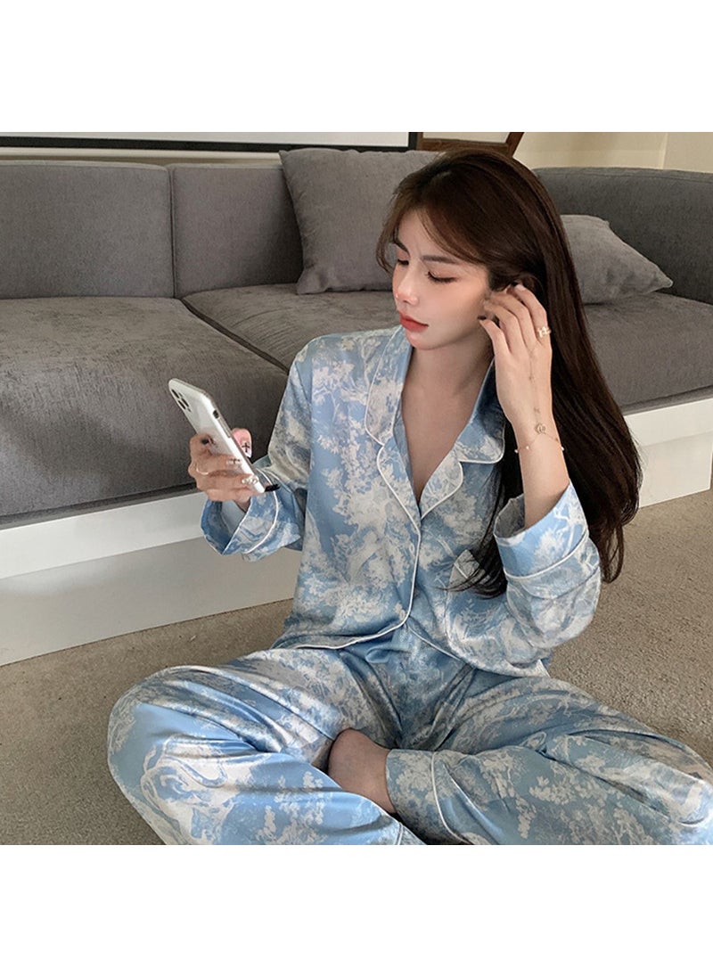 Generic - Elegant French Ice Silk Pajamas Set for Women Spring Autumn 2023 Long Sleeve Blue Animal Blue - Image 1