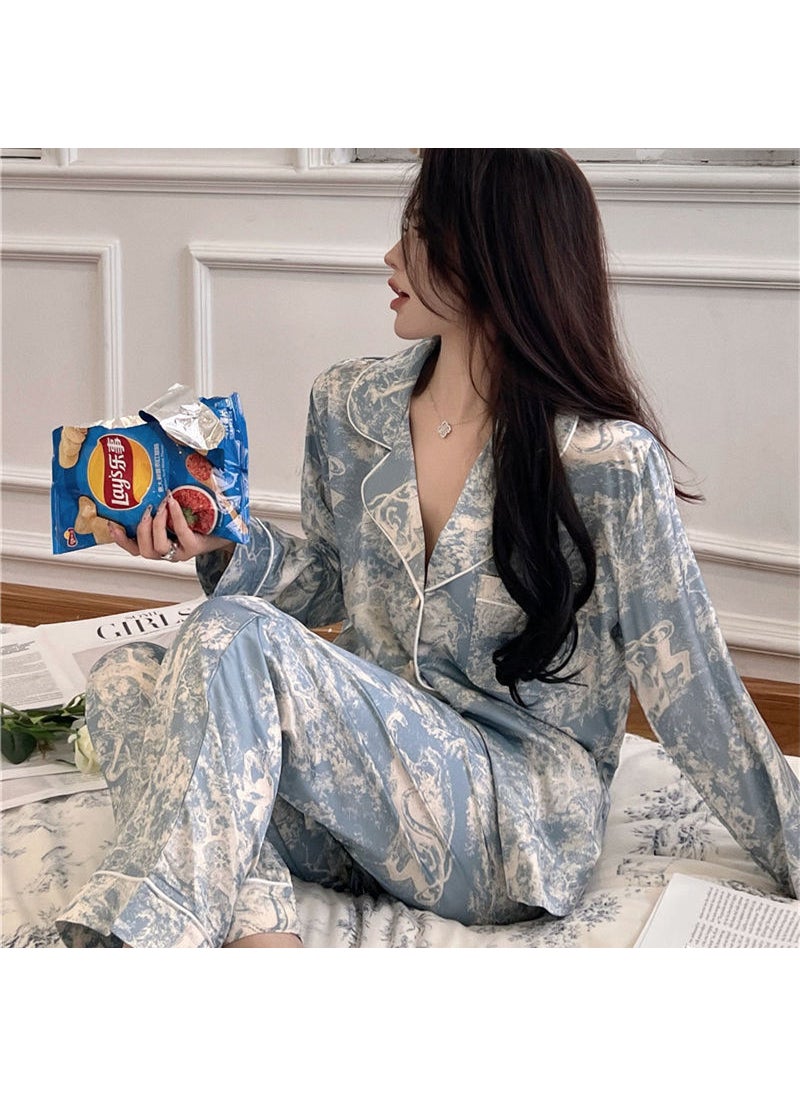Generic - Elegant French Ice Silk Pajamas Set for Women Spring Autumn 2023 Long Sleeve Blue Animal Blue - Image 1
