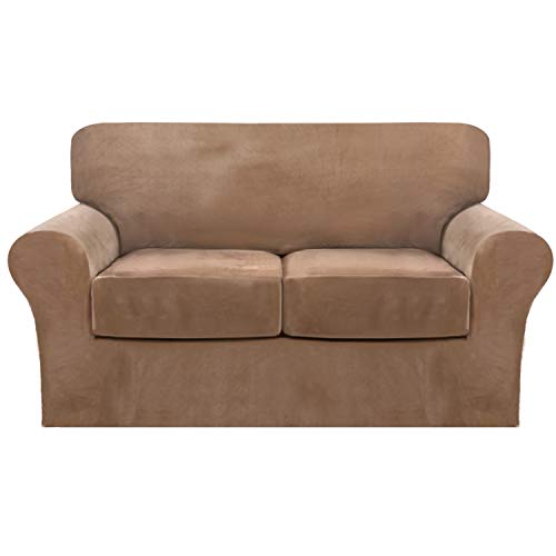 FantasDecor 3 Piece Sofa Covers Velvet for 2 Cushion Couch Stretch Loveseat Slipcover with Individual Seat Elastic Furniture Protector for Pets Loveseat Luggage