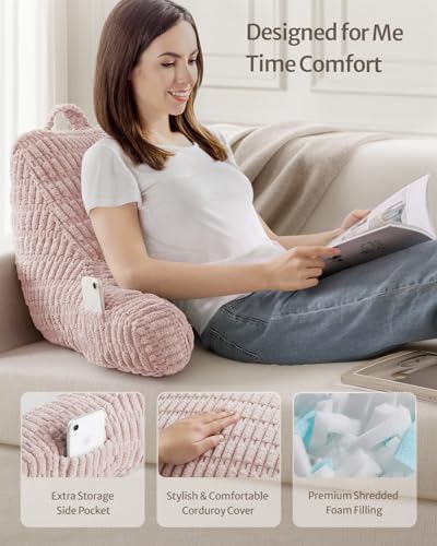 Blissful Diary وسادة قراءة يوميات مريحة، وسادة دعم الظهر مع رغوة الذاكرة الممزقة للبالغين والأطفال، مصممة للجلوس على السرير والأريكة، تشمل الأذرع، جيوب وغطاء قابل للغسل، وردي فاتح - Image 2