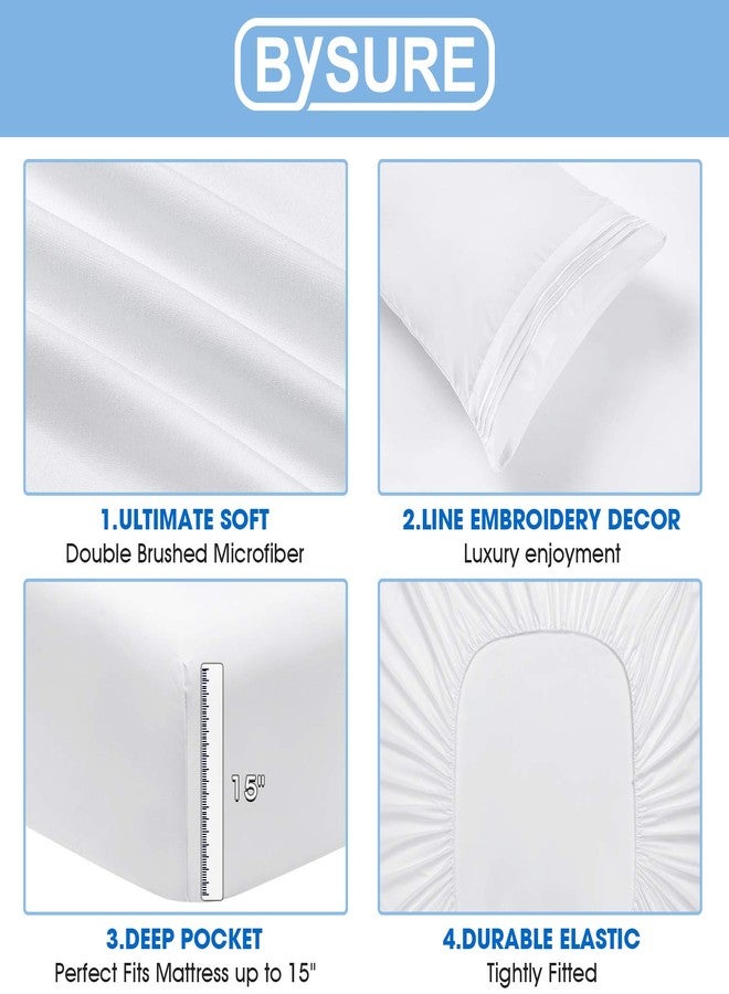 BYSURE Hotel Bed Sheets Set with 4 PCS Embroidered Pillowcases(King, Bright White), 15-inch Deep Pocket Microfiber Sheets, Super Soft Bedding Sets - Image 4