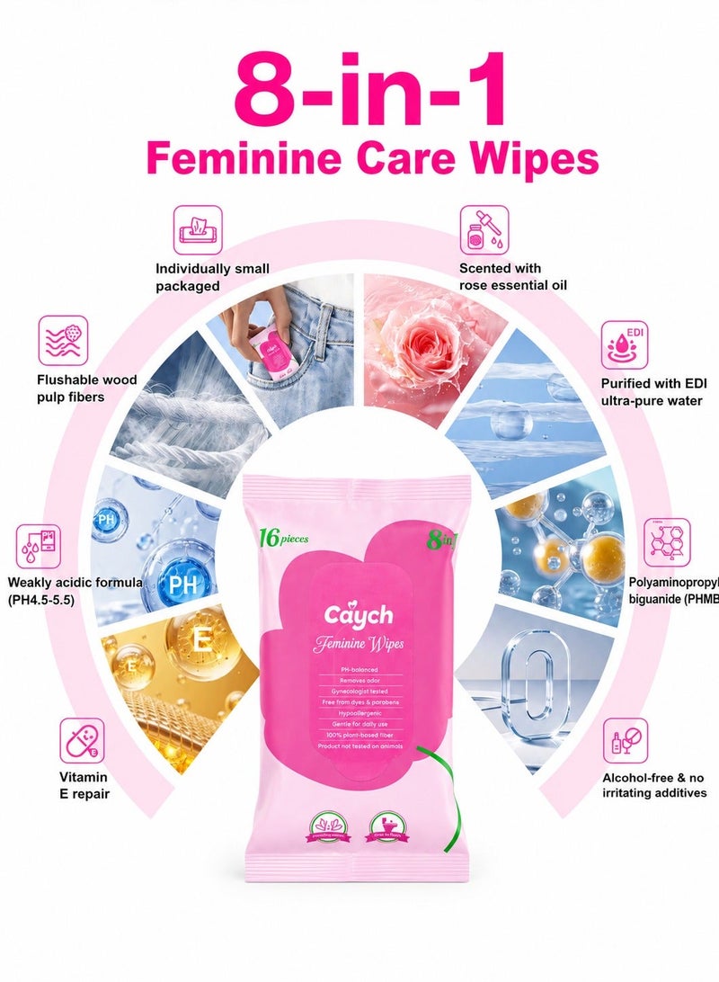 CAYCH Feminine Intimate Hygiene Wipes 16 x 4 - 64 Sheets for Women, 8 in 1 PH Balanced, Deodorizing, Moisturizing, Hypoallergenic, Flushable Biodegradable Personal Care Cleaning Wet Wipes - Image 2