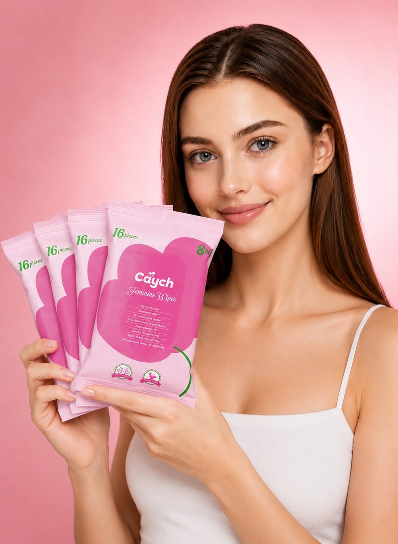 CAYCH Feminine Intimate Hygiene Wipes 16 x 4 - 64 Sheets for Women, 8 in 1 PH Balanced, Deodorizing, Moisturizing, Hypoallergenic, Flushable Biodegradable Personal Care Cleaning Wet Wipes - Image 1