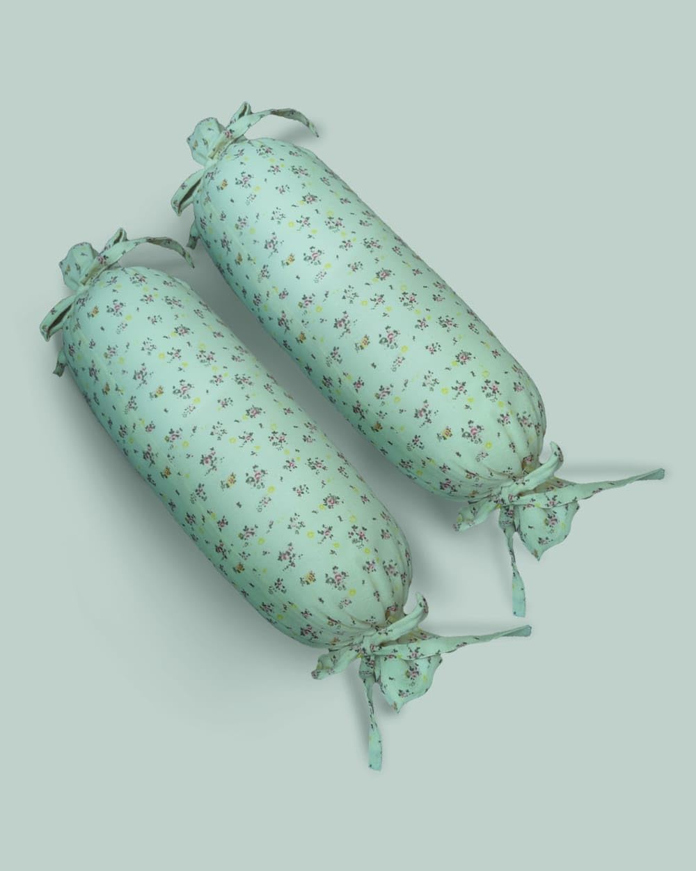 ACCENTHOME Cotton Double Gauze Floral Printed Bolsters in Blue Color Size 35cm x12cm Set of 2 for Kids