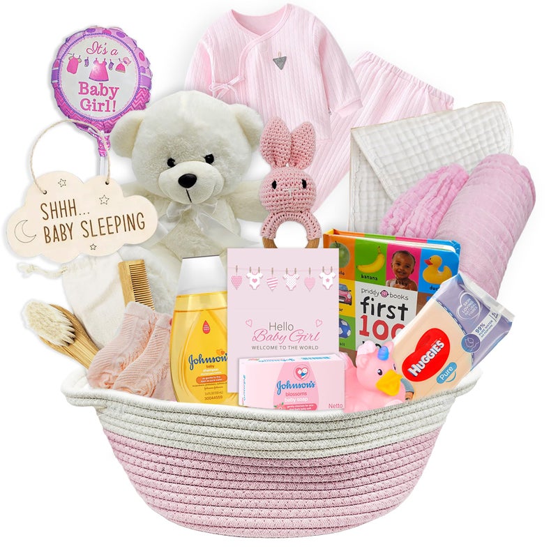 New Baby Girl Gift Basket Unique Gift Set for a New mom Pink Baby Gift Set Welcome Baby Care Package All wNewborn Essentials Bundle for Expecting Moms Baby Shower After Labor Gift