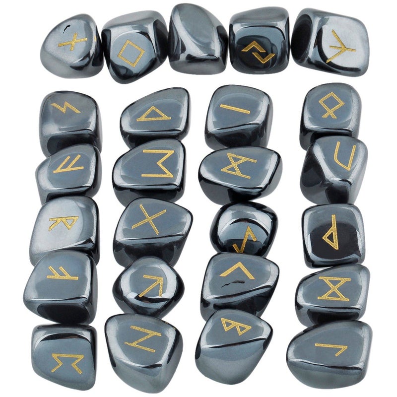 mookaitedecor Rune Stones Set with Engraved Elder Futhark Alphabet Crystal Meditation Divination, Hematite - Image 1