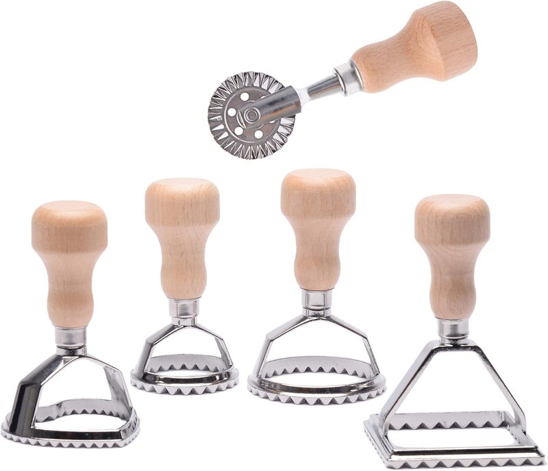 MASTER FENG Ravioli Stamp Maker Cutter with Roller Wheel Set, Mold with Wooden Handle and Fluted Edge, Pasta Press Kitchen Attachment (MF-12456) - Image 1