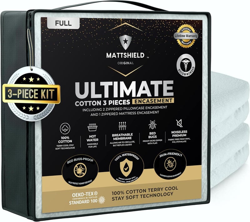 MATTSHIELD ORIGINAL New Ultimate 3-Piece Kit - Bed Bug-Proof Mattress Cover Full Size + 2 Hypoallergenic Zippered Pillow Protectors - Soft 100% Cotton Terry, Waterproof Encasement, Best Bedbug Defense - Image 1