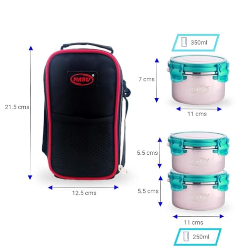 MARU Stainless Steel Lunch Box Set of 3 (250ml*2 + 350ml) Leakproof Tiffin with Insulated Bag for Kids & Adults, Perfect for School & Office Use. Multi-Container Compartments for Foods & Snacks - Image 2