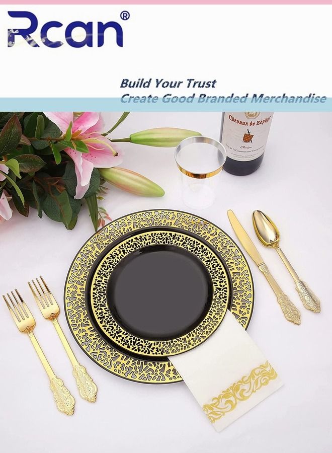 Rcan 175 Pcs/set Black Gold Upscale Wedding Dining Party Disposable Plastic Hollow-carved Cutlery Set, Party Supplies Plate, Spoon, Fork, Knife, Cup, Tissue, Party Tableware (25 Guest) - Image 5