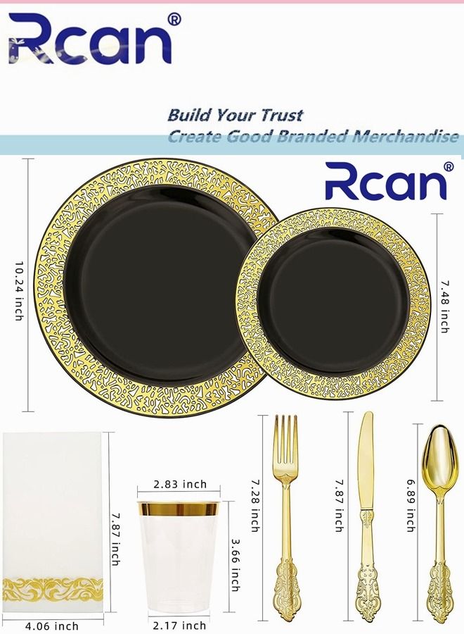 Rcan 175 Pcs/set Black Gold Upscale Wedding Dining Party Disposable Plastic Hollow-carved Cutlery Set, Party Supplies Plate, Spoon, Fork, Knife, Cup, Tissue, Party Tableware (25 Guest) - Image 4