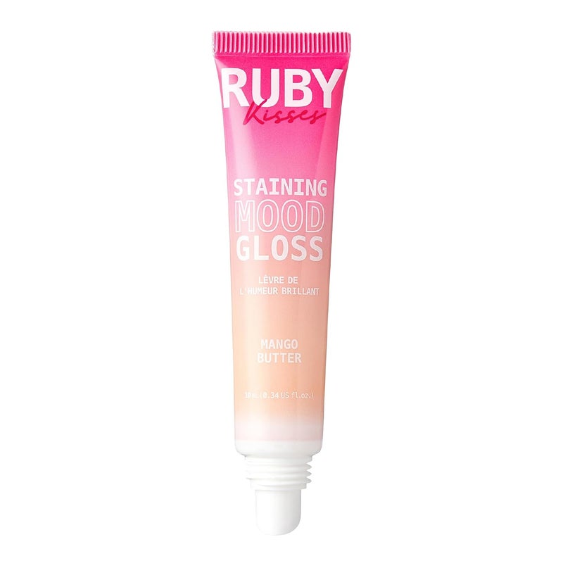 Ruby Kisses لمعان الشفاه من روبي كيس، بلسم شفاه ملون باللون الوردي، أحمر شفاه يتغير لونه مع مزيد من زبدة المانجو لترطيب طويل الأمد، لمعان خفيف وغير لزج، شفاه أكثر امتلاءً ونعومة