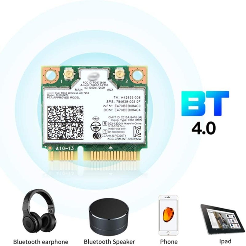 REKONG بطاقة واي فاي Mini PCIe Wireless-AC 7260 مع بلوتوث 4.0 لجهاز الكمبيوتر - محول شبكة مزدوج النطاق 867Mbps 5GHz/300Mbps 2.4GHz، متوافق مع ويندوز 10/8/7 - Image 4