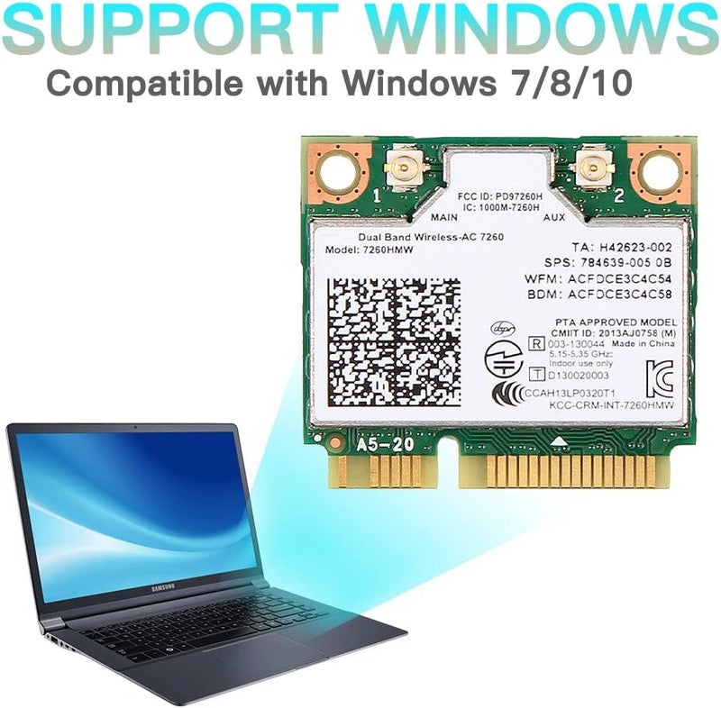 REKONG بطاقة واي فاي Mini PCIe Wireless-AC 7260 مع بلوتوث 4.0 لجهاز الكمبيوتر - محول شبكة مزدوج النطاق 867Mbps 5GHz/300Mbps 2.4GHz، متوافق مع ويندوز 10/8/7 - Image 3