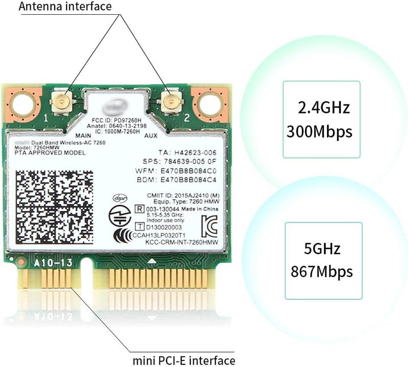 REKONG بطاقة واي فاي Mini PCIe Wireless-AC 7260 مع بلوتوث 4.0 لجهاز الكمبيوتر - محول شبكة مزدوج النطاق 867Mbps 5GHz/300Mbps 2.4GHz، متوافق مع ويندوز 10/8/7 - Image 2