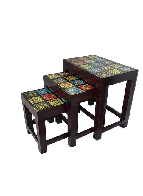 pranjals house Handicraft Wooden Stool Nesting Table Bedside Table Side Table for Living Room Sofa Side Corner Table Teak Wood Furniture Nesting Table Multi Color Set of 3