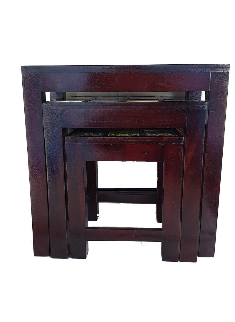pranjals house Handicraft Wooden Stool Nesting Table Bedside Table Side Table for Living Room Sofa Side Corner Table Teak Wood Furniture Nesting Table Multi Color Set of 3