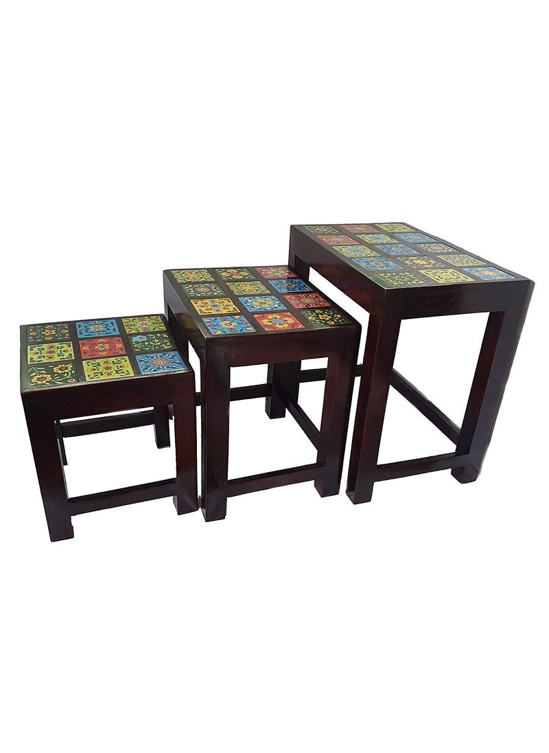pranjals house Handicraft Wooden Stool Nesting Table Bedside Table Side Table for Living Room Sofa Side Corner Table Teak Wood Furniture Nesting Table Multi Color Set of 3