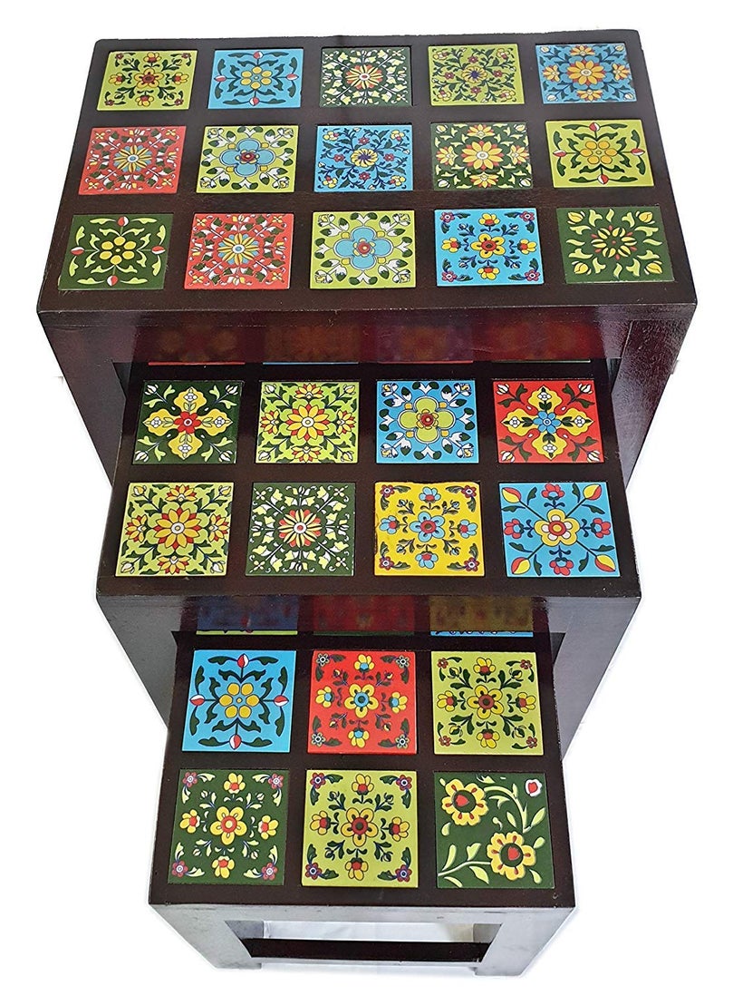 pranjals house Handicraft Wooden Stool Nesting Table Bedside Table Side Table for Living Room Sofa Side Corner Table Teak Wood Furniture Nesting Table Multi Color Set of 3