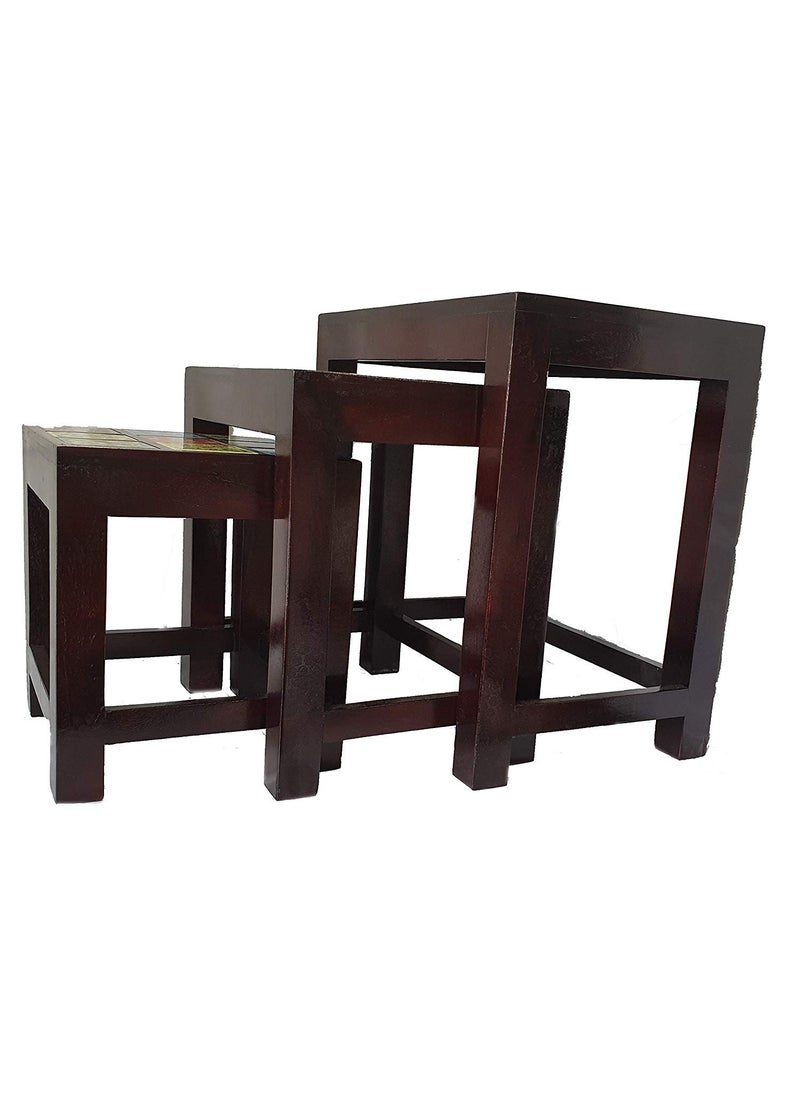 pranjals house Handicraft Wooden Stool Nesting Table Bedside Table Side Table for Living Room Sofa Side Corner Table Teak Wood Furniture Nesting Table Multi Color Set of 3