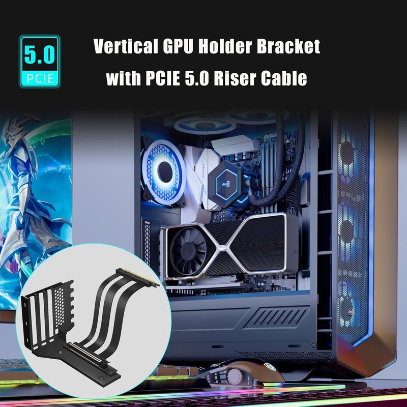 قوس دعم بطاقة الرسوميات ثلاثي الفتحات من GLOTRENDS مع كابل رافع PCIe 5.0 بطول 150 مم للتركيب العمودي، متوافق مع RTX5090 وRTX4090 وRX9070 وRX7900، وحالات الكمبيوتر ذات تصميم فتحات PCI المفتوحة 7/8. - Image 2