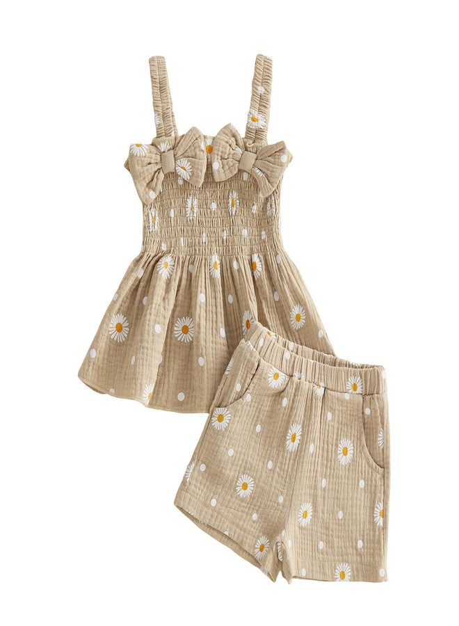 Brvxia Toddler Baby Girl Clothes Summer Outfits Daisy Print Sleeveless Shirt Tops Cute Shorts Set 12 18 24 Months 2T 3T (Khaki, 2-3T) - Image 1