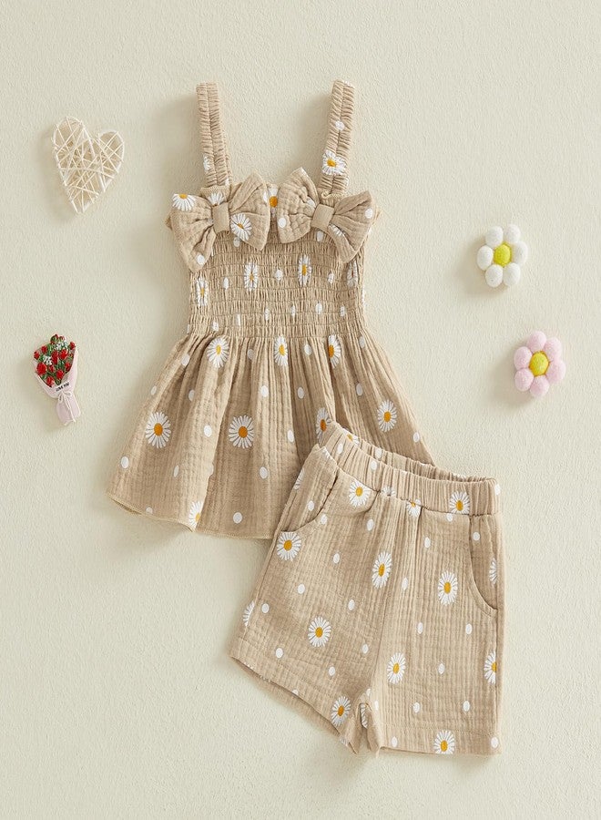 Brvxia Toddler Baby Girl Clothes Summer Outfits Daisy Print Sleeveless Shirt Tops Cute Shorts Set 12 18 24 Months 2T 3T (Khaki, 2-3T) - Image 2