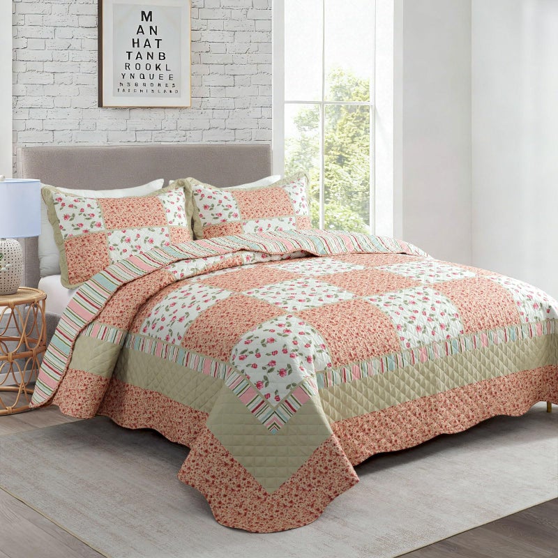 Travan 3-Piece Quilt Set Quilted Bedspread Lightweight Coverlet Set Patchwork Floral Oversized Reversible Soft Quilted Bedding Coverlet Set for All Seasons, King Size - Image 2