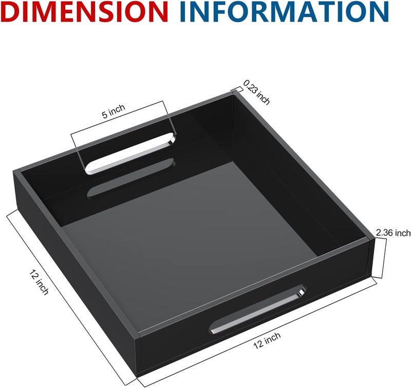 KOTEMON صينية تقديم أكريليك من مع مقابض - 12×12×2.36 بوصة - صينية زخرفية ومنظم صينية الرسائل للعثماني وطاولة القهوة وسطح العمل، أسود - Image 2