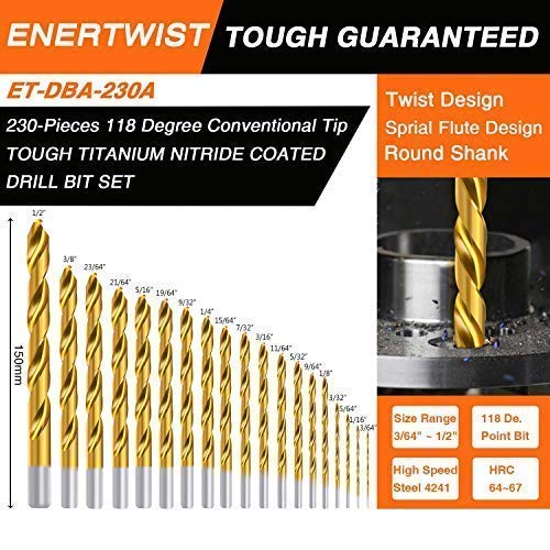 ENERTWIST Titanium Drill Bit Kit Set for Metal and Wood 230-Piece - Coated HSS Conventional 118 Deg Tip from 3/64inch up to 1/2 Inch, ET-DBA-230A - Image 2