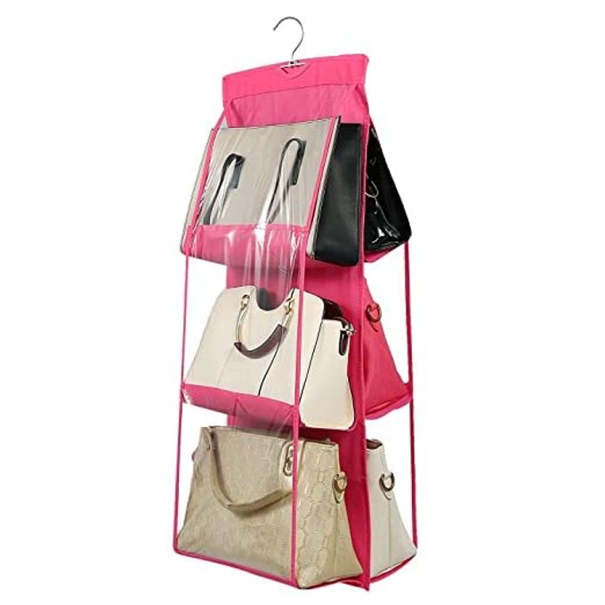6 POCKET CLEAR PURSE HANDBAGS ORGANIZER DOOR CLOSET SHELF HANGING STORAGE BAG PINK